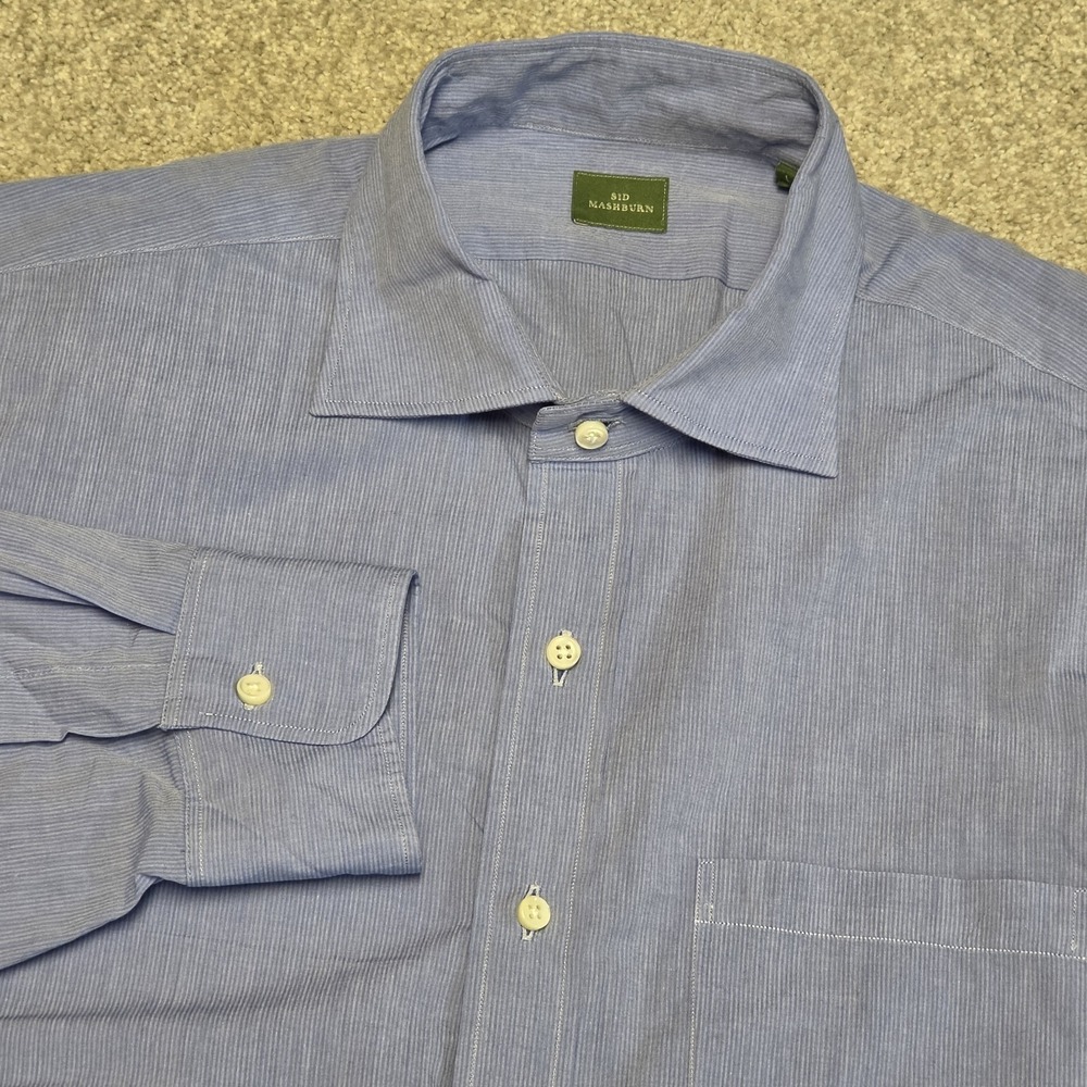 Sid Mashburn Dress Shirt Blue Micro Stripe Button Front Cotton Made Portugal L